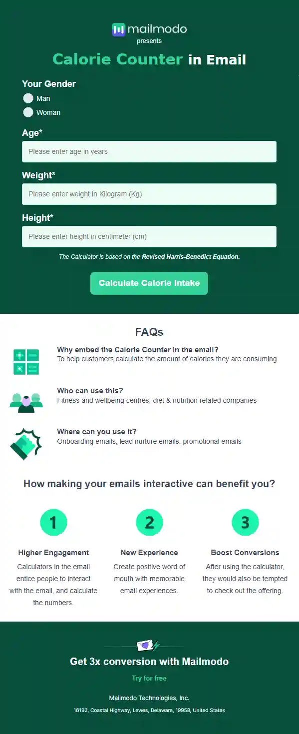 Free Calorie Counter Calculator in Email